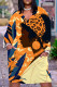 Orange Casual Print Basic V Neck Long Sleeve Plus Size Dresses