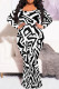 White Black Elegant Print Patchwork O Neck Long Plus Size Dresses