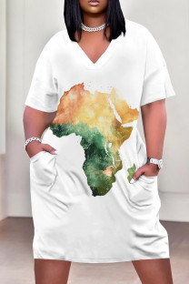 Green Yellow Casual Print Pocket Patchwork V Neck Straight Plus Size Dresses