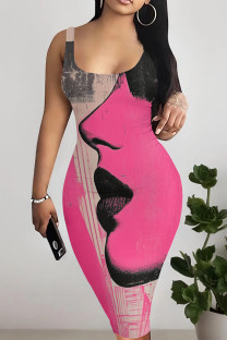 Deep Pink Casual Print Patchwork U Neck Wrapped Skirt Dresses