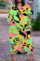 Green Casual Print Basic V Neck Long Plus Size Dresses