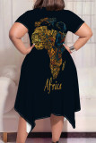 Tibetan Blue Casual Print Patchwork O Neck Irregular Plus Size Dresses
