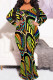 Green Yellow Elegant Print Patchwork O Neck Long Plus Size Dresses