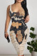 Black khaki Casual Print Patchwork U Neck Wrapped Skirt Dresses