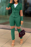 Green Fashion Casual Solid Patchwork Turndown Collar Long Sleeve Two Pieces