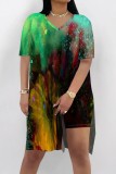 Rose Red Casual Print Slit V Neck Short Sleeve Two Pieces