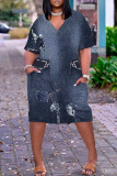 Black Casual Print Basic V Neck Short Sleeve Plus Size Dresses