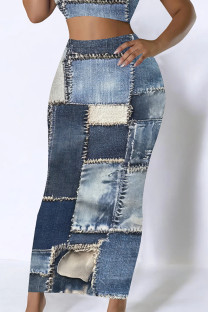 Gray Blue Casual Print Patchwork Regular Mid Waist Conventional Full Print Bottoms