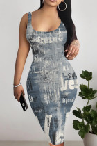 Grey Casual Print Patchwork U Neck Wrapped Skirt Dresses