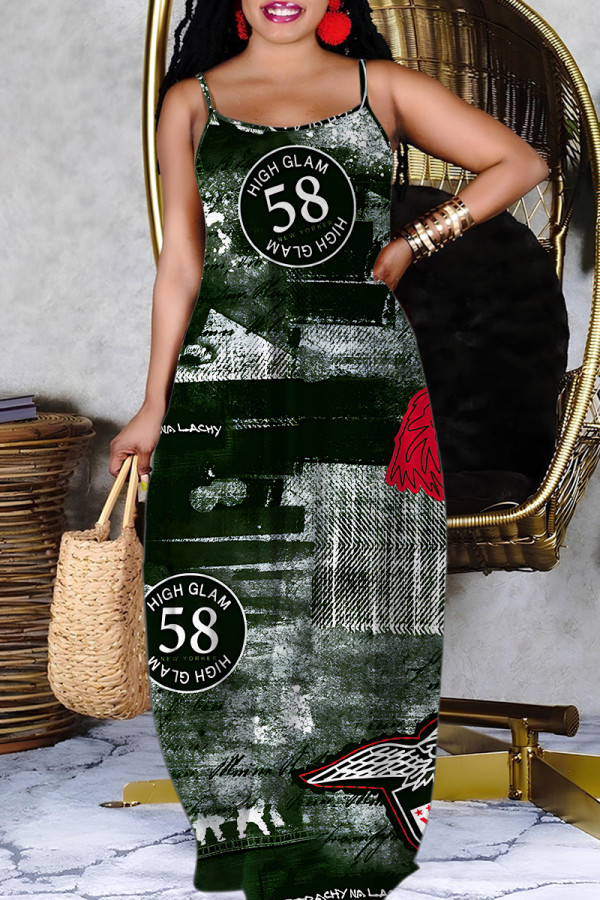 Ink Green Casual Faux Denim Print Backless Spaghetti Strap Long Dresses