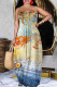 Light Yellow Casual Faux Denim Print Backless Spaghetti Strap Long Dresses