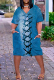 Black Casual Print Basic V Neck Short Sleeve Plus Size Dresses