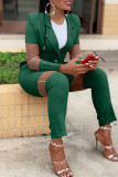 Green Fashion Casual Solid Patchwork Turndown Collar Long Sleeve Two Pieces