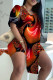 Red Black Casual Print Slit V Neck Short Sleeve Two Pieces