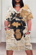 Black khaki Casual Print Pocket Patchwork V Neck Straight Plus Size Dresses