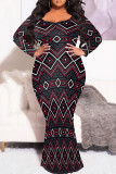 Green Yellow Elegant Print Patchwork O Neck Long Plus Size Dresses