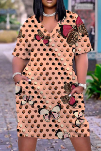 Dark Khaki Casual Print Basic V Neck Short Sleeve Plus Size Dresses