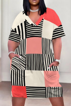 Light Khaki Casual Print Pocket Patchwork V Neck Straight Plus Size Dresses