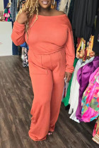 Orange Casual Solid Color Pocket Patchwork Off Shoulder Loose Jumpsuits