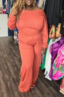 Orange Casual Solid Color Pocket Patchwork Off Shoulder Loose Jumpsuits