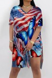 Rose Red Casual Print Slit V Neck Short Sleeve Two Pieces
