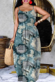 Light Yellow Casual Faux Denim Print Backless Spaghetti Strap Long Dresses