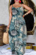 Blue Casual Faux Denim Print Backless Spaghetti Strap Long Dresses