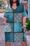 Black Casual Print Basic V Neck Short Sleeve Plus Size Dresses