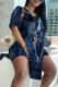 Deep Blue Casual Print Slit V Neck Long Sleeve Two Pieces