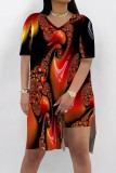 Rose Red Casual Print Slit V Neck Short Sleeve Two Pieces