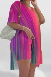 Rose Red Casual Print Slit V Neck Short Sleeve Two Pieces