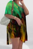 Rose Red Casual Print Slit V Neck Short Sleeve Two Pieces