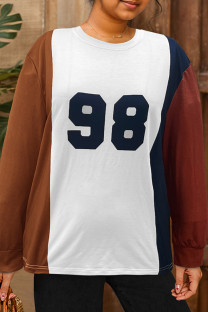 Dark Coffee Casual Letters Patchwork O Neck Plus Size Tops