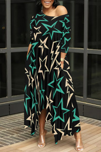 Green Casual Street Striped Print The stars Leopard Irregular O Neck Irregular Dresses