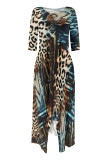 Beige Casual Street Striped Print The stars Leopard Irregular O Neck Irregular Dresses