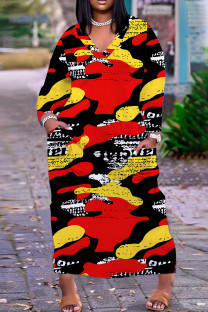 Camouflage Casual Print Basic V Neck Long Plus Size Dresses