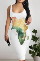Green Yellow Casual Print Patchwork U Neck Wrapped Skirt Dresses