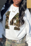 White Casual Street Camouflage Print Letters O Neck Tops