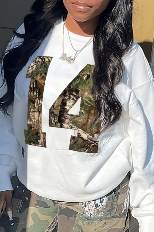 White Casual Street Camouflage Print Letters O Neck Tops