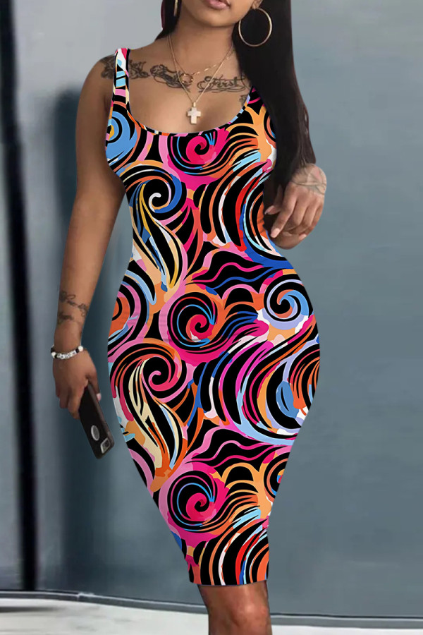 Red Black Casual Print Basic U Neck Vest Dresses