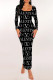Black Casual Letter Print Contrast U Neck Printed Dresses
