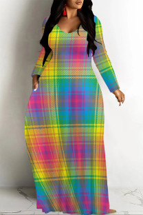 Multi-color Casual Street Plaid Geometric Print Flowers Pocket Contrast V Neck Printed Dresses