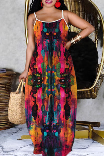 Orange Casual Print Backless Spaghetti Strap Long Dresses