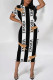 Black And White Casual Animal Print Stripe Letters Contrast O Neck Printed Short Sleeve Dress