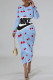 Blue Casual Fruit Print Letters Contrast O Neck Printed Dresses