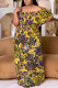 Yellow Casual Floral Print Patchwork Off Shoulder Long Plus Size Dresses