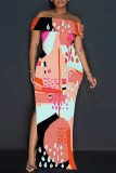 Multicolor Casual Print Slit Off Shoulder Long Dresses