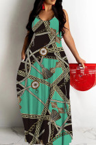 Green Casual Print Backless Spaghetti Strap Long Dresses
