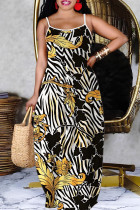Zebra Casual Print Backless Spaghetti Strap Long Dresses