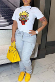 White Casual Street Cartoon Print O Neck T-Shirts